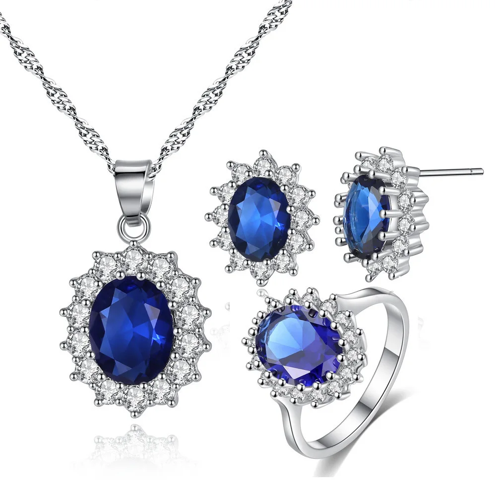 

3pcs Diamond Necklace And Earing Ring Cubic Zirconia Jewelry Sets Woman Jewellery Aretes Y Collares Bisuteria, Silver