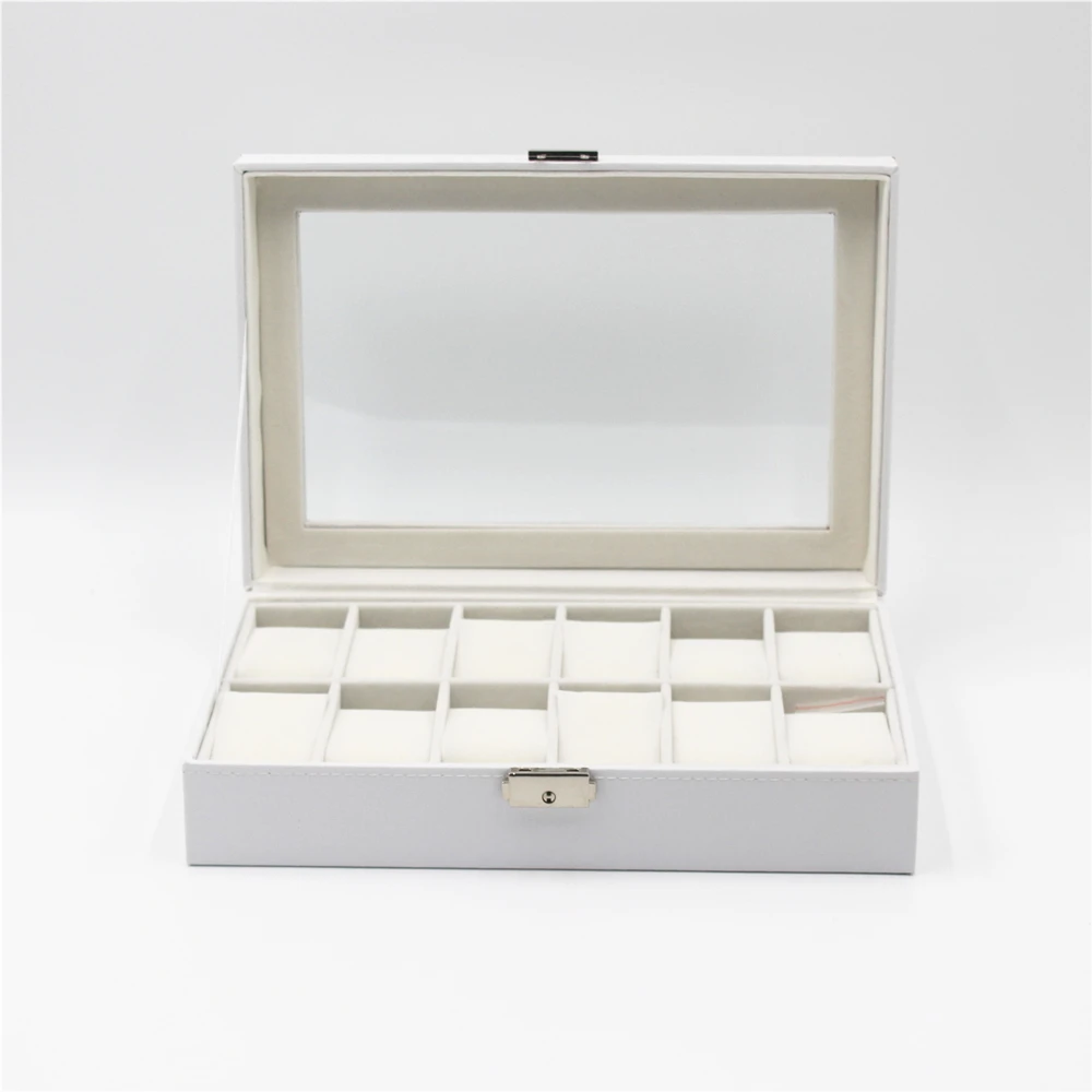 

New design stock white pu leather watch box with 12 slots for gift watch packaging display storage case, stock watch box