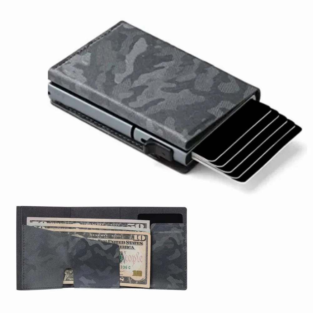 

Card Credit Card Wallet RFID Blocking Slim Minimalist Card Holder Gray PU best slim bifold wallet and Black Metal