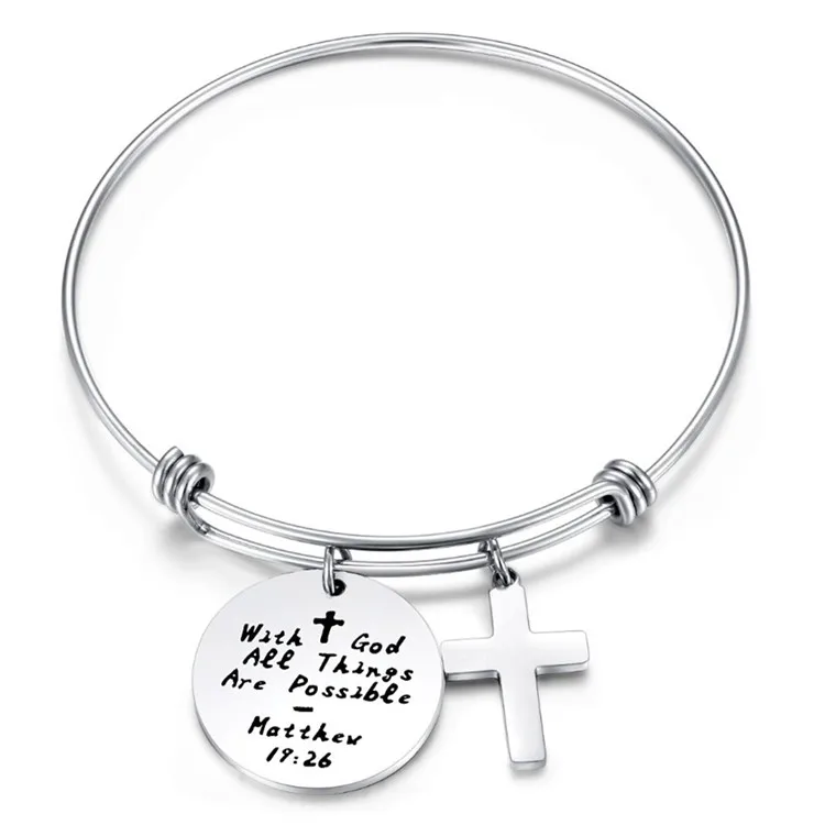 

Handmade Expandable Wire Religious Bible Verse Scripture Bangle Bracelet Faith Religion Stainless Steel Cross Charm Bangle