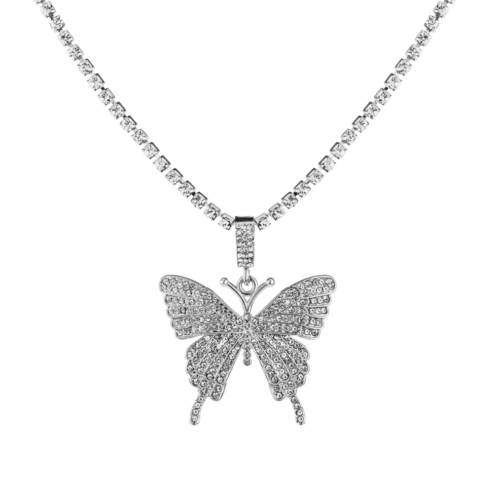 

Wholesale Fashion Diamond Tennis Cuban Link Hip Hop Chains Butterfly Necklace Pendant Jewelry for Women, Silver