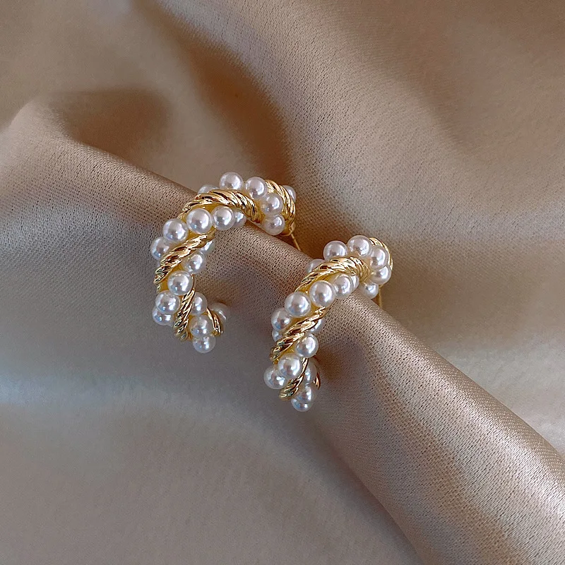 

JUHU 925 Silver Fashion Elegant Geometric Heart-Shaped Bow Inlaid Pearl Earrings Female Korean Retro Temperament Alloy Earrings, Golden