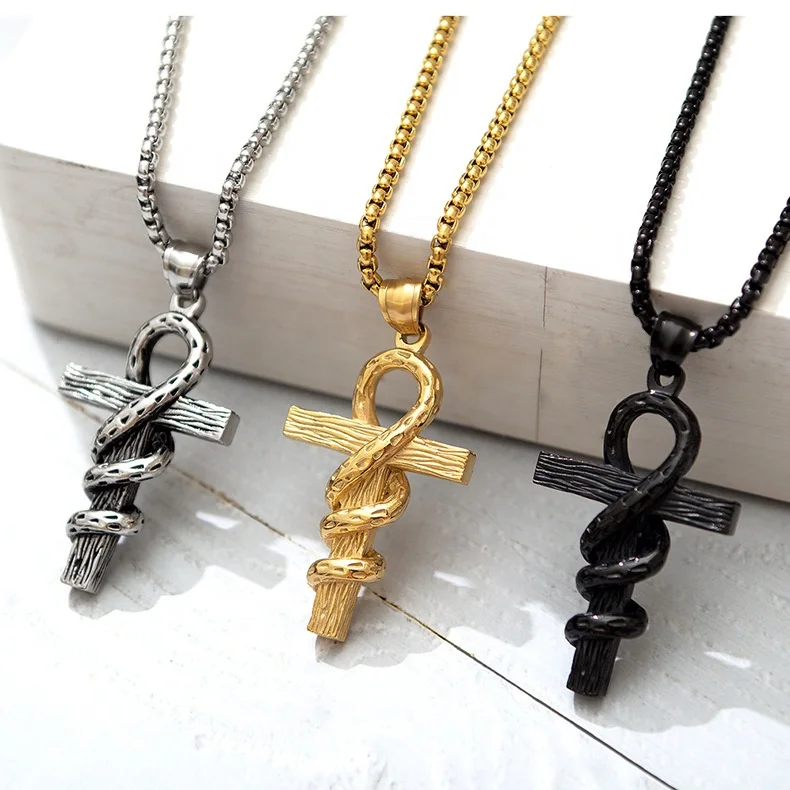 

Jewelry Custom Personality Mens Snake Ankh Cross Necklace High Quality Alloy Pendant Necklace Link Chain Gold-plated Necklace, Gold/black/silver