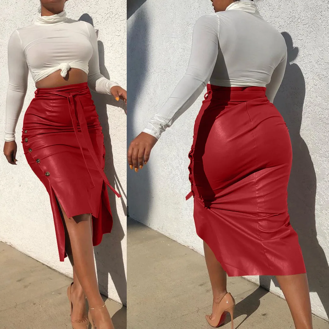 

L2627- women fashion hot button blet leather midi skirt