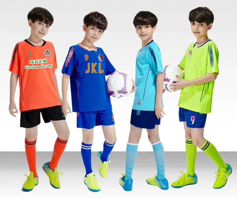 

Custom team football uniform Kids Quick Dry Soccer Jersey Sets Football Sport T Shirt, Sky blue, deep blue, pink, orange. green