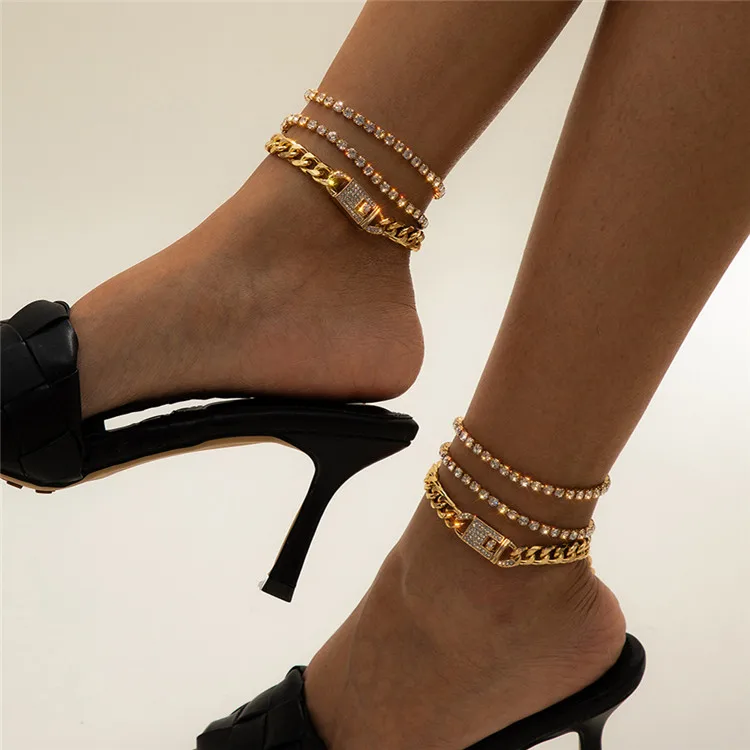 

Retro Ethnic Style Fashion Cool Multi Layer Suit Anklet Gold Plated Foot Chain Cuban Anklet Chain, Silver,gold