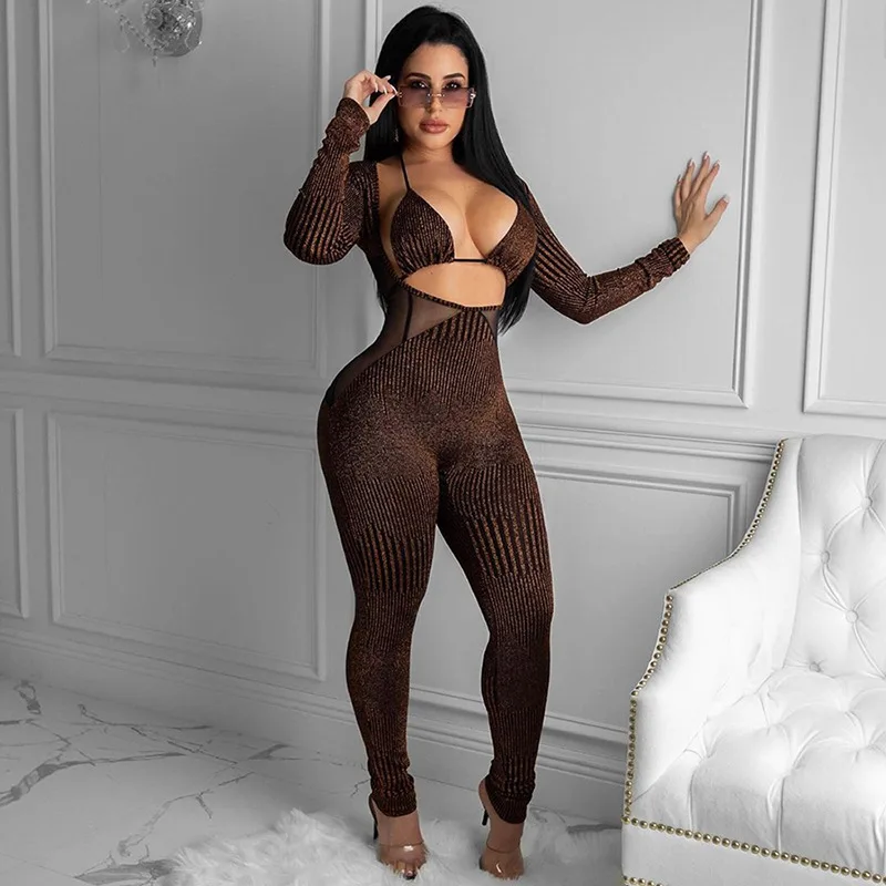 

New arrival 2 piece set women club dresses sexy hollow out mesh patchwork brown bodycon jumpsuits club wear, Photo shows