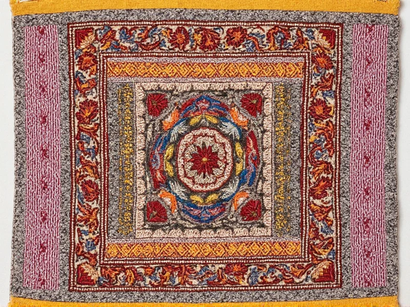 Handmade textile art incorporating cultural embroidery techniques