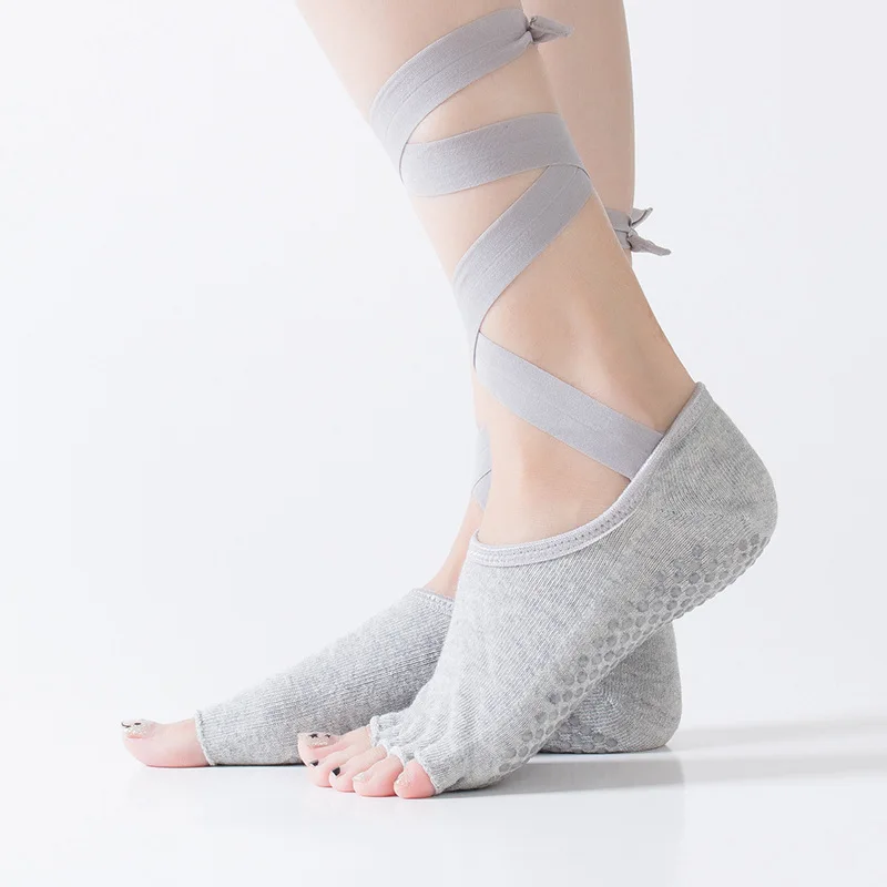 

yoga pilates dance socks for women non-slip grips straps lace up open naked five toe sock