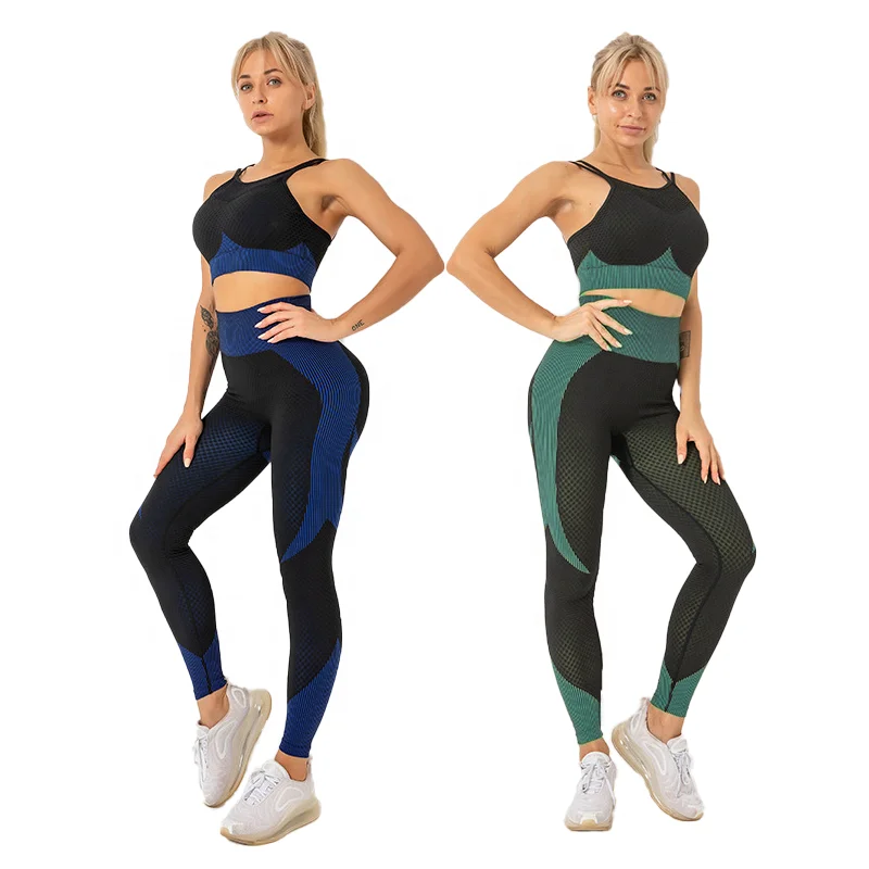 

New knitted hip lifting elastic fitness bra sport legging two piece gym wear set women, Customized colors
