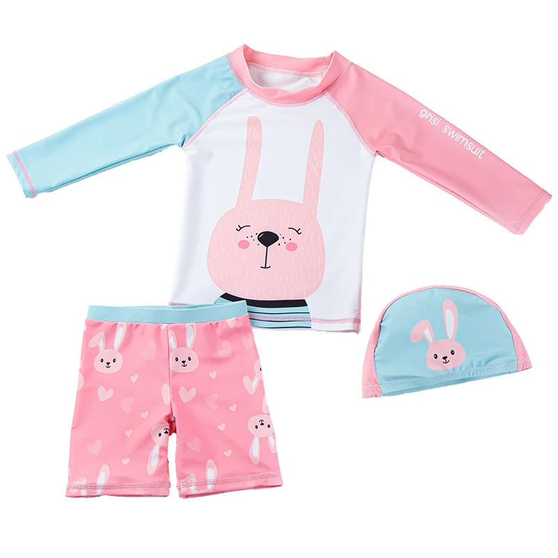 

Kids beach leisure sportswear, sun hat, girls and children, split swimsuit, swimming trunks, quick-drying, pattern: rabbit