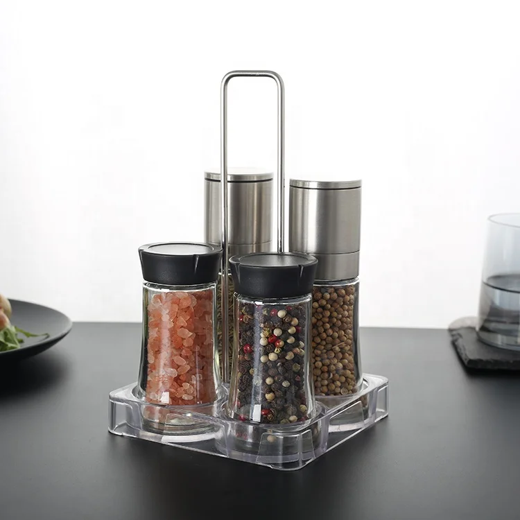 

LFGB Hot Sale 70mlx4 Salt & Pepper Spice Small Manual Grinder And Storage Jar With Rack