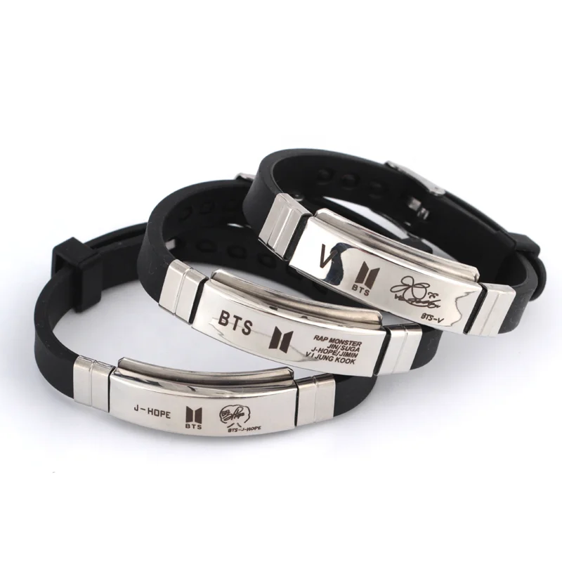 

BTS member bracelet black silicone bracelet wristband fashion stainless steel hand jewelry bracelet, As pictures