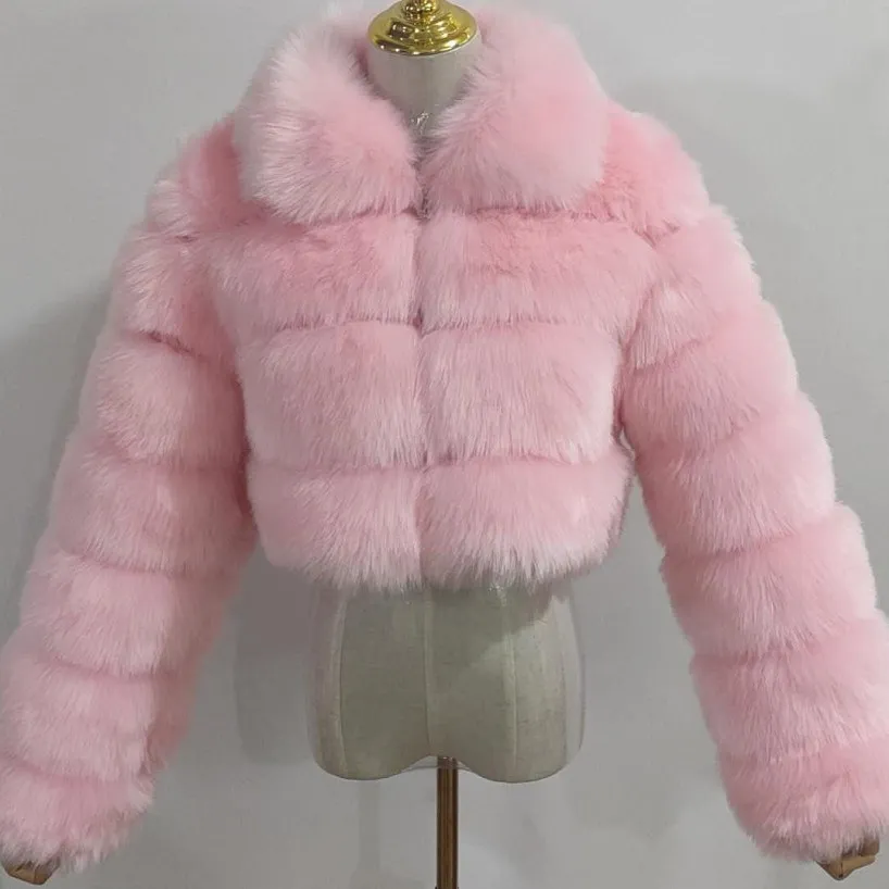 

2022 fall fashion pink coats crop bubble faux fur coat for women winter 2022