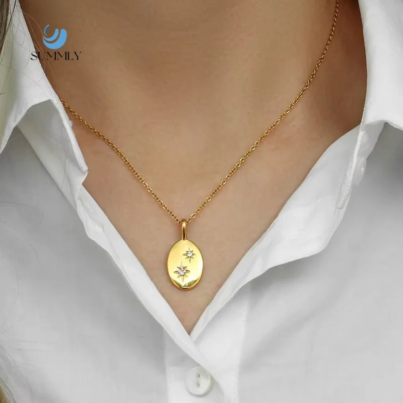 China OEM Simple Style Oval Octagonal Star Zirconia Pendant Stainless Steel Necklace Gold Plated