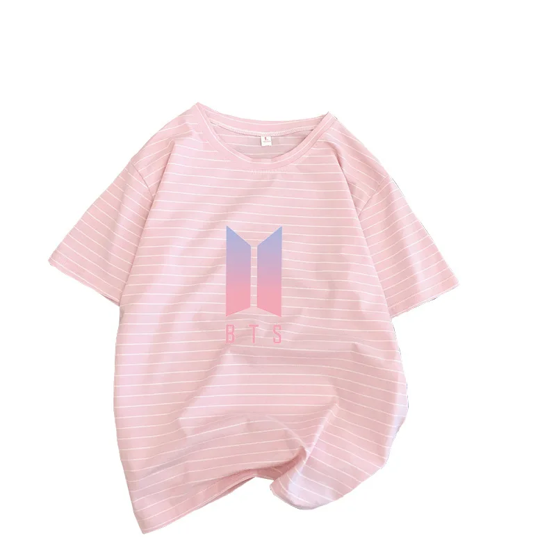 

Women T shirt Full Cotton Stripes Tops Short Sleeve Kpop BTS Bangtan Boys Tshirt