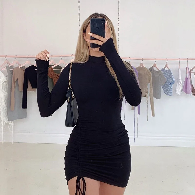 

Fashion Streetwear Sexy Stacked Mini Skinny Side Drawstring Pleated Dresses Women Long Sleeves