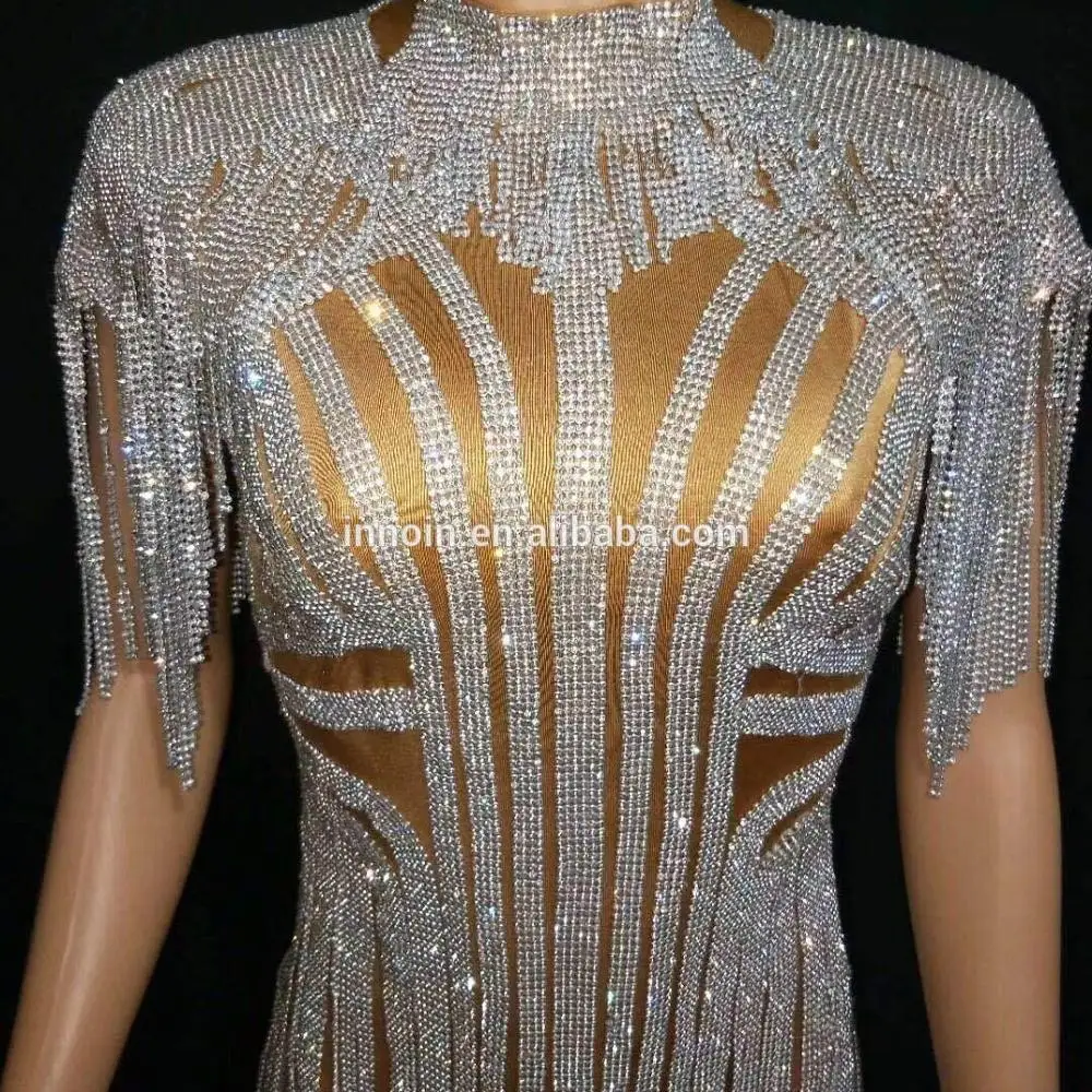 

Bling Silver Rhinestone Metal Fringes Bodysuit Birthday Prom Nightclub Outfit Singer Sparkly Tassel Dress Stage Show Dance Wear