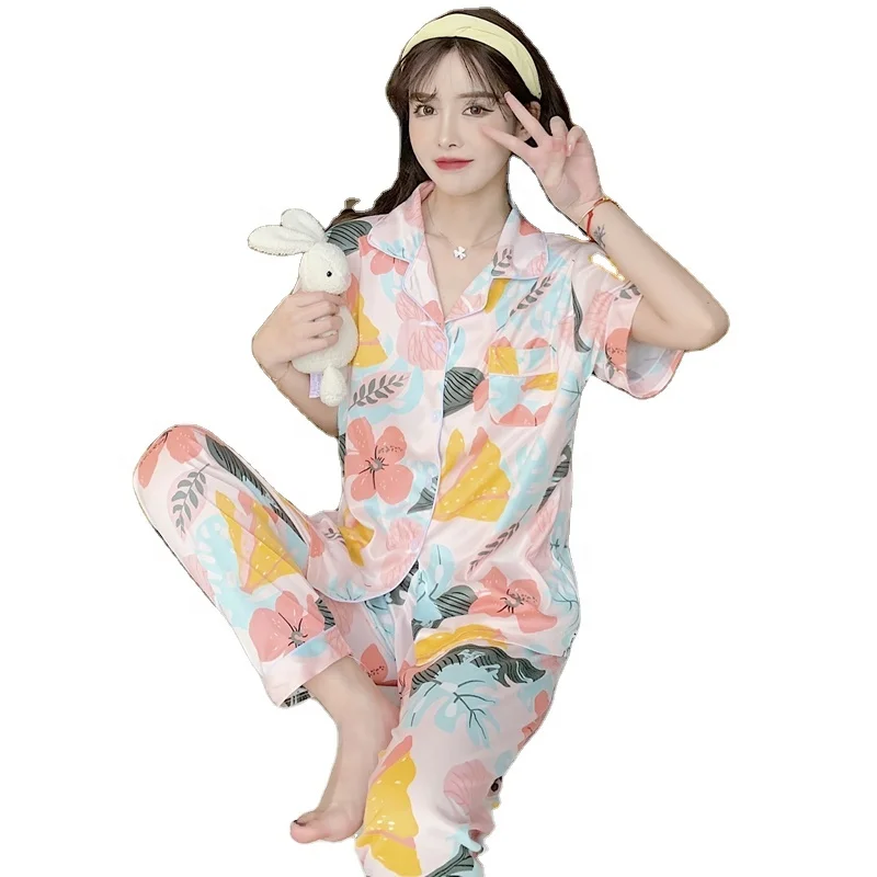 

Wholesale Women's Turn-down Collar Pajamas Cotton Korean Loungwear Short Sleeve Trouser Sleepwear Sets Floral Printed Nightwear, As picture show