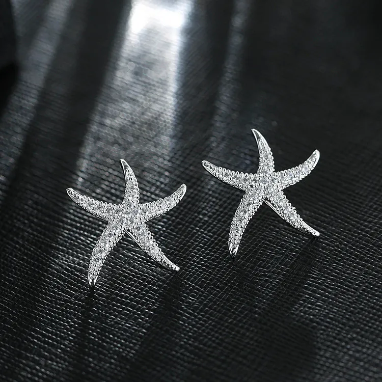 

Fashion Beach Hypoallergenic 925 Silver CZ Starfish Stud Earrings Paved Zircon Starfish Sterling Silver Earrings