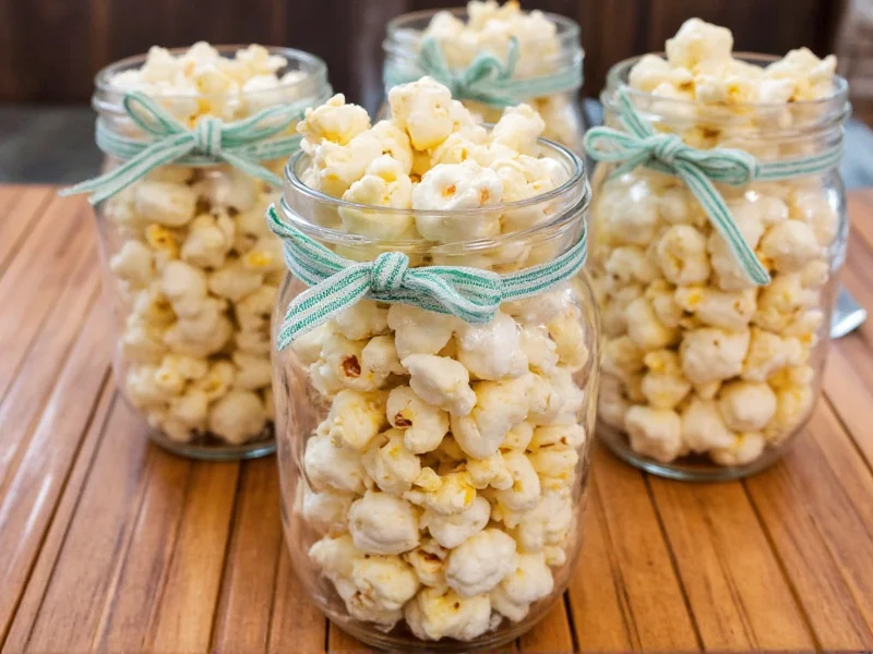 Homemade kettle corn in mason jars with ribbon