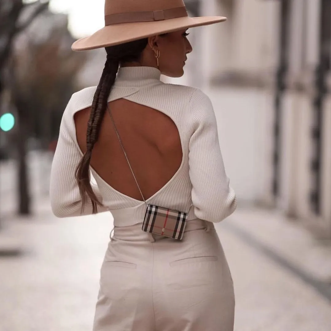 

Women Sexy Rabbit Fur Solid Color Turtleneck Ribbed Backless Hollow Out Top Lace Up Bandage Long Sleeves Blouse, 2 colors