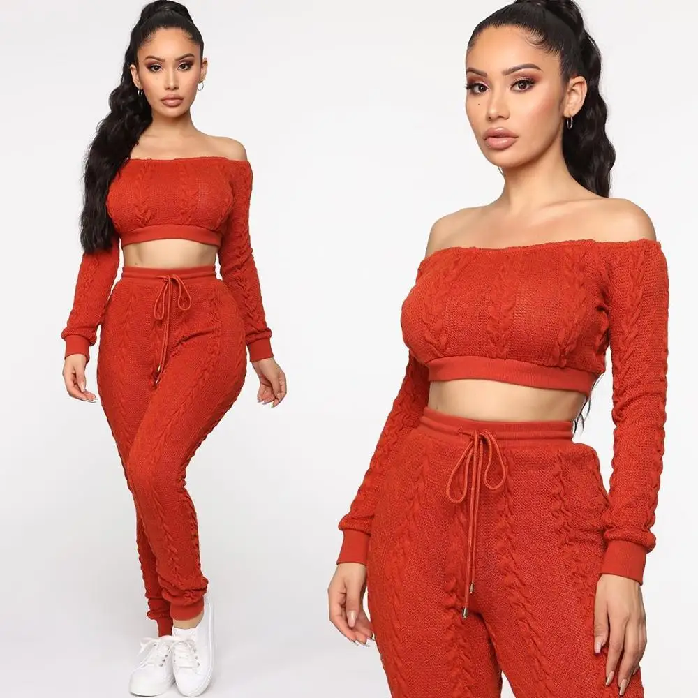 Women's Off Shoulder sweater Crop Tops With trousers christmas sweater Sets