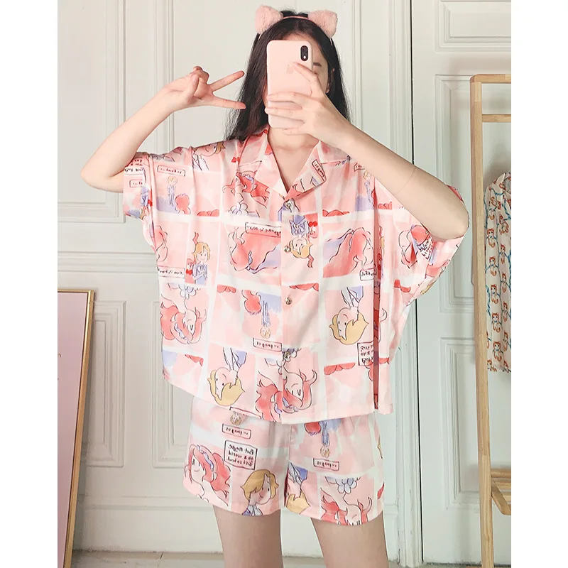 

Fashion Satin Loungewear Pillamas De Mujer Pijama Con Dibujos Animados Pajama Short Set Silk Sleepwear Cartoon Pajamas For Women