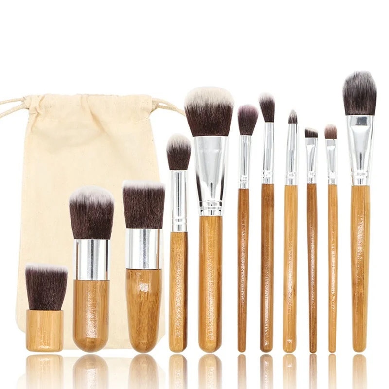 

11pcs professional makeup brush private label makeup tool bamboo handle face applicator multifunction make up brush set with bag, Wooden