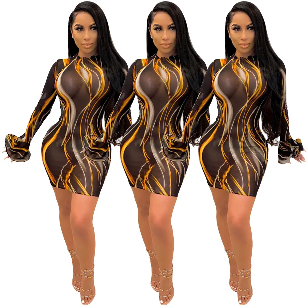 

N213 See Through dresses Long Lotus Sleeve women clothing dresses printed mesh women club wear dress transparent bodycon