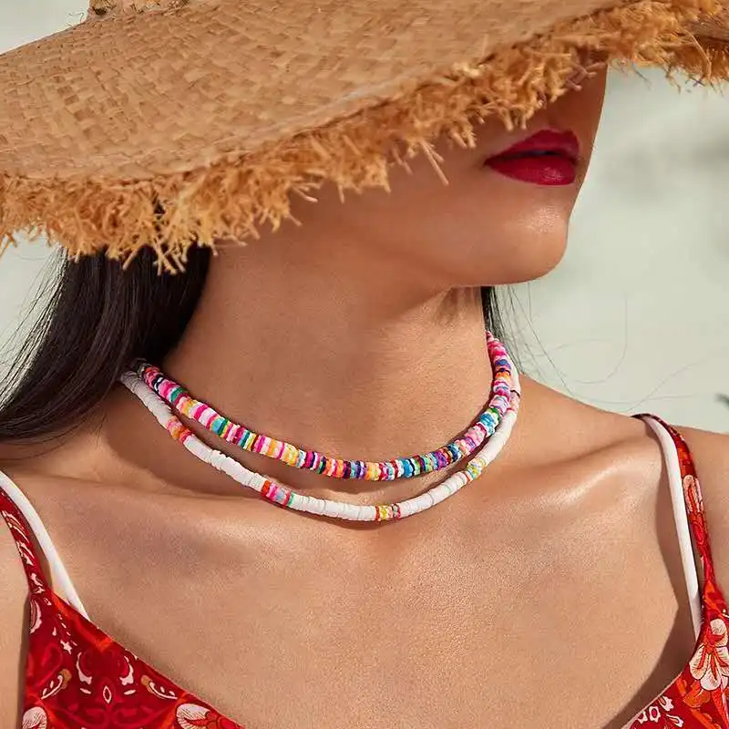 

Fashion Trendy Bohemian Boho Colorful Soft Clay Beads Shell Choker Necklace