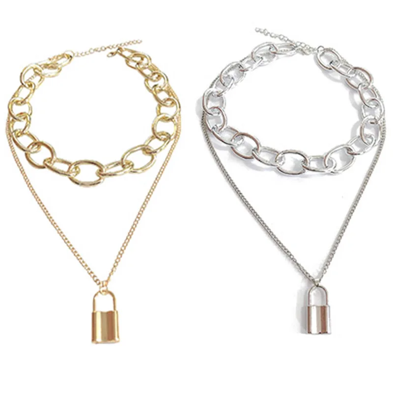 

Initial lock Pendant Necklace Fashion Gothic Double Layer Lock Necklace Punk Link Chain Padlock Chain Necklace