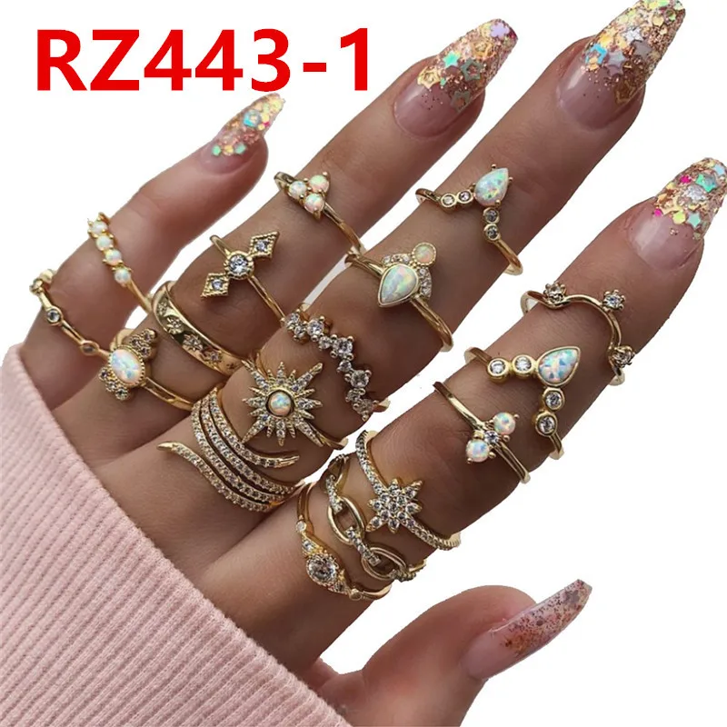 

Hot sell geometrical diamond-inlaid zircon turquoise moon ring set for women, Gold ,silver , rose gold