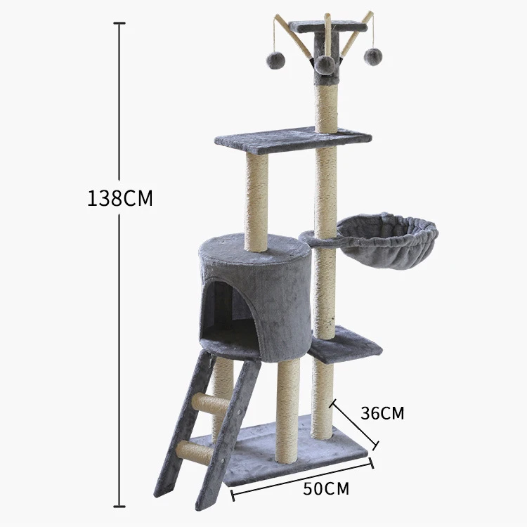 

Multi-Level Natural Sisal Rope Scratching Post Wood Cat Tree With Hammock, 3 colors