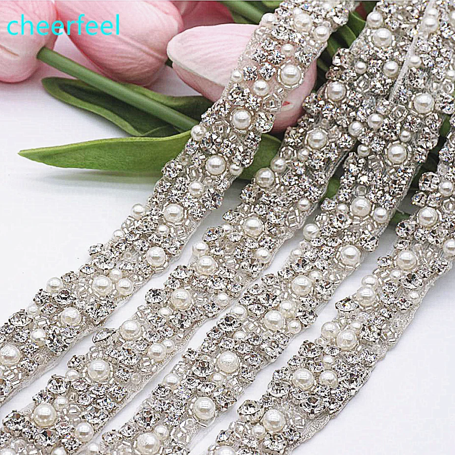 

Hot Sale handmade iron on rhinestone beaded trimmings applique wedding belt RH-911, Silver with blue crystal