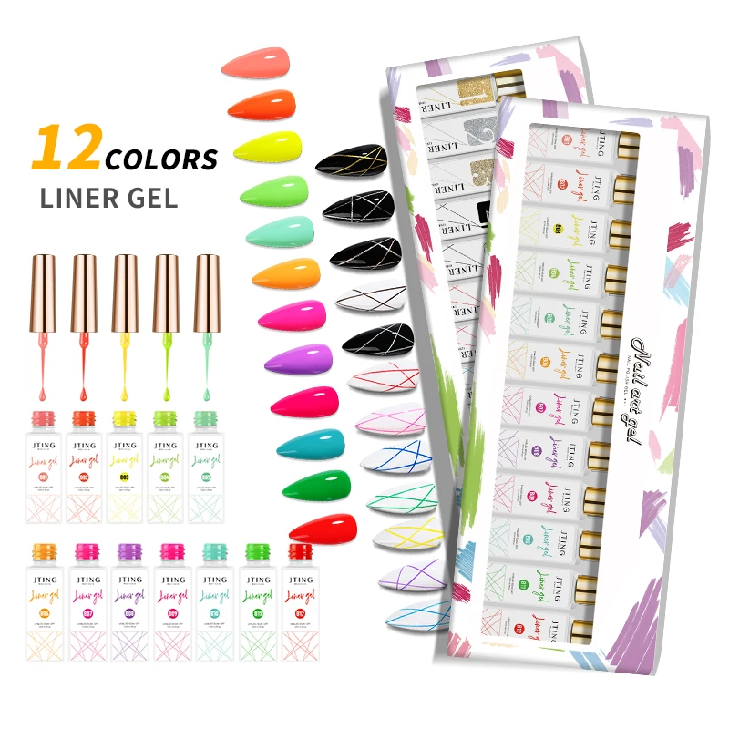 

JTING 12 color bottles nail liner gel polish art kit with gift box design OEM custom private brand logo gel brush liner set