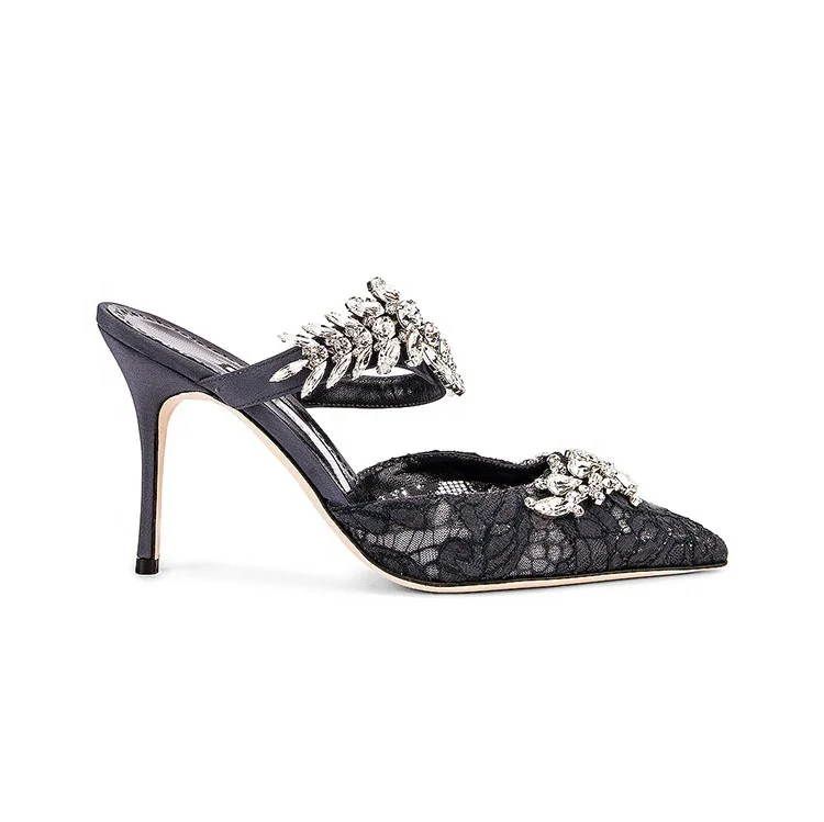 

women classical elegant strap rhinestone decorated satin pointed toe mules