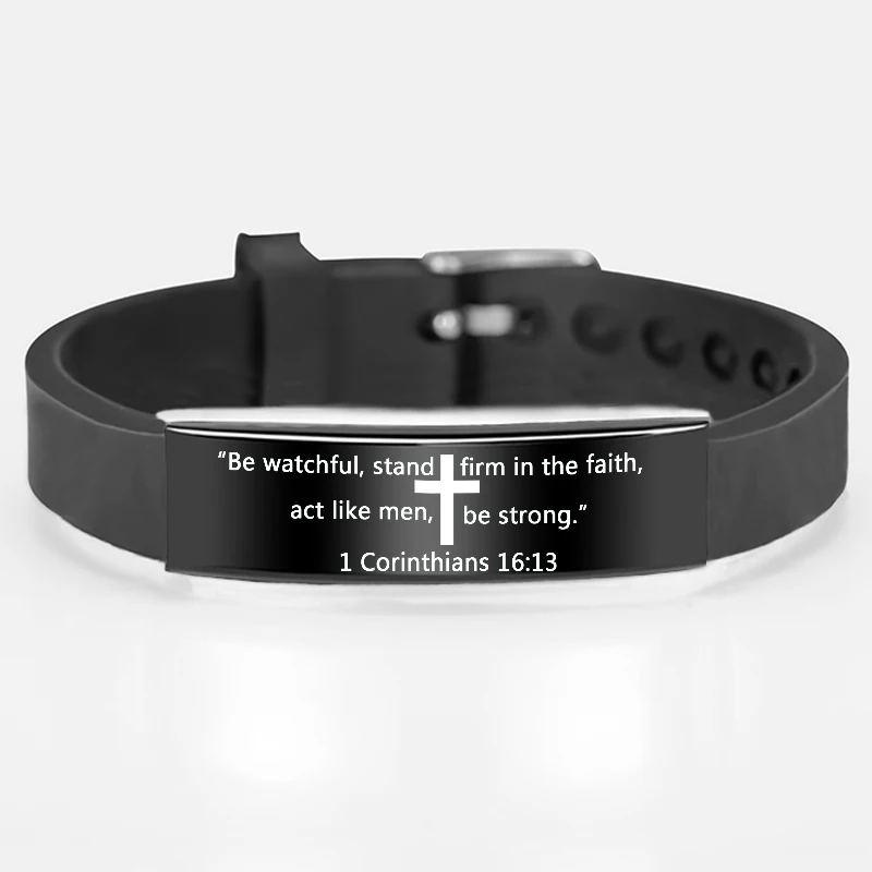 

Men Fashion Jewelry Cross Bible Verse Bracelet Christian Stainless Steel Silicone Bracelet, Black