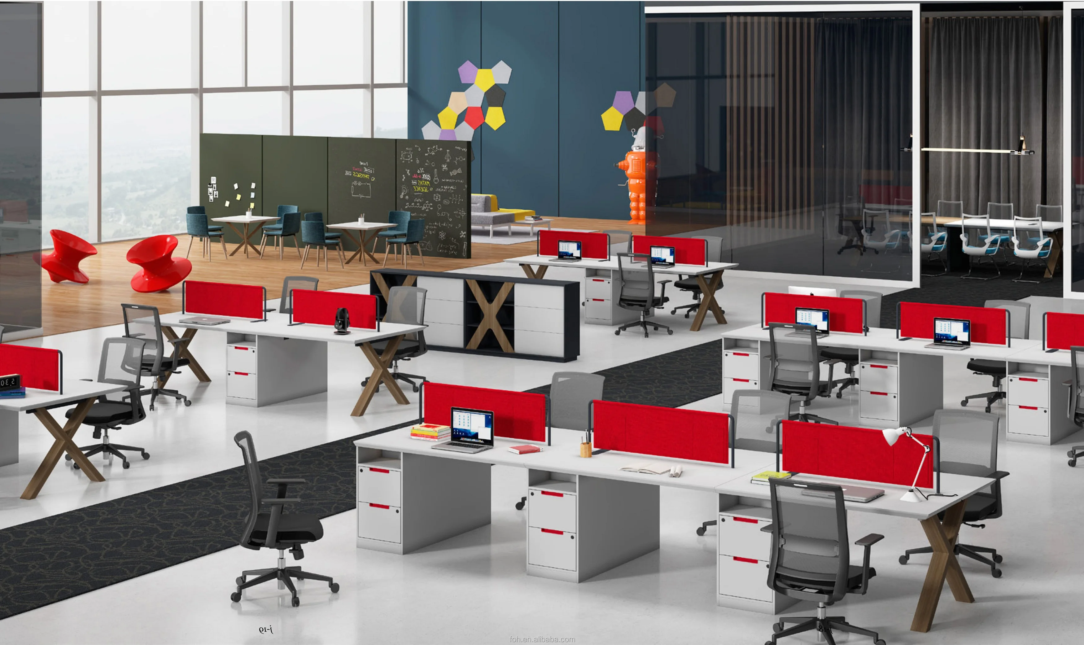 White Retangelar Long Table Office Workstation For 6 Person With Desk