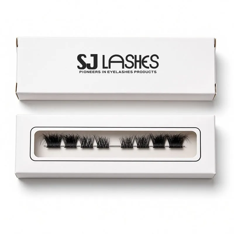 Two views of the white lash box, closed with the brand mark on a plain panel above, and open with a printed rule window showing one row of clusters - lash tray packaging