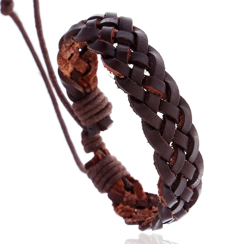

Retro contracted men women pure color rope adjustable simple hand made out door woven leather bracelet, Picture shows