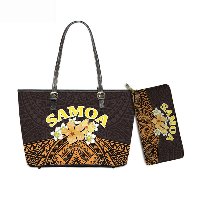 

famous brand designer handbag logos oem ladies Polynesian Samoa Tribal Hibiscus 2 pcs handbags set women unique 2 in 1 handbags