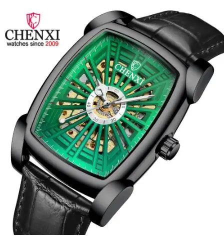 

CHENXI Top Brand Business Men Watches Square Dial Automatic Luminous Clock Leather Hollow-carved Design Mens Wrist Watch Relogio