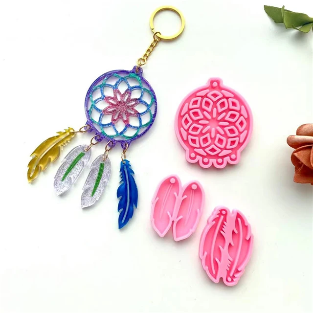 

J140 Free Sample DIY Shiny Resin Dream Catcher Pendant Mold Dreamcatcher Feather Silicone Keychain Molds