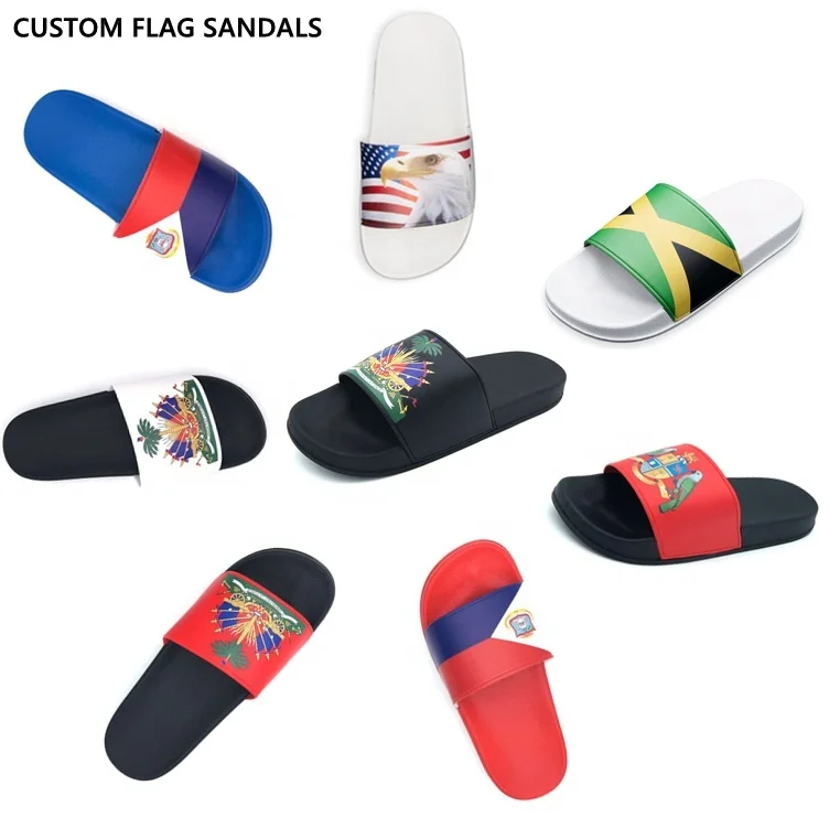 

footwear manufacturers custom flag slides sandals, new hot sale cheap unisex women footwear with Haitian flag, Customized color