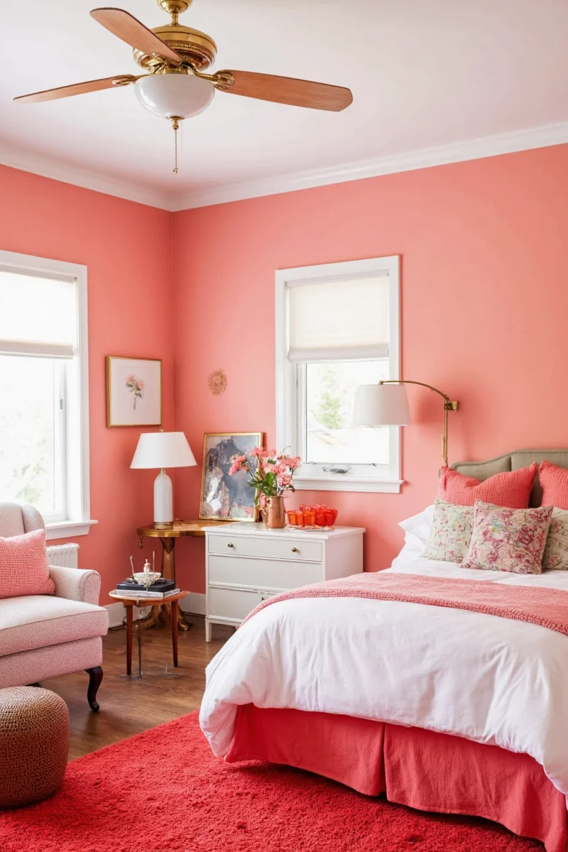 Coral rug in bedroom setting