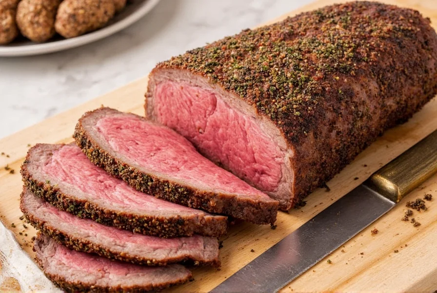 Roast beef with various spices on a wooden table