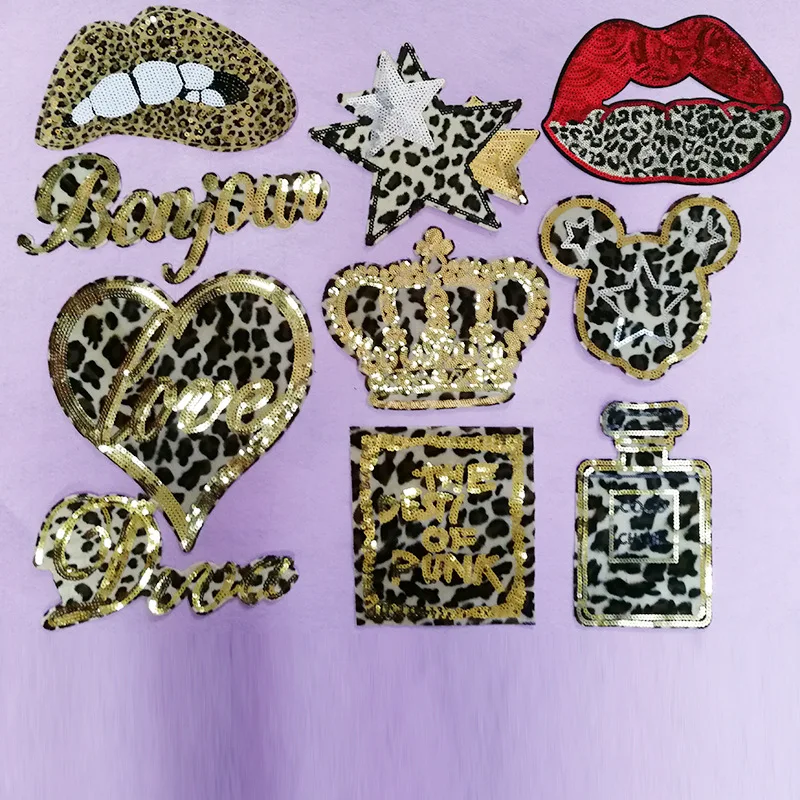 

Manufacturer customized fashion accessories patch leopard embroidery chapter embroidered Sequin patch leopard cloth patch