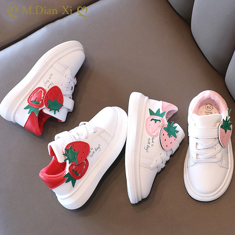 

Kids Shoes Girls Autumn New Style 2022 Girls' Baby Strawberry White Shoes with Velcro Low-top Soft Sole Shoes 2-6Y