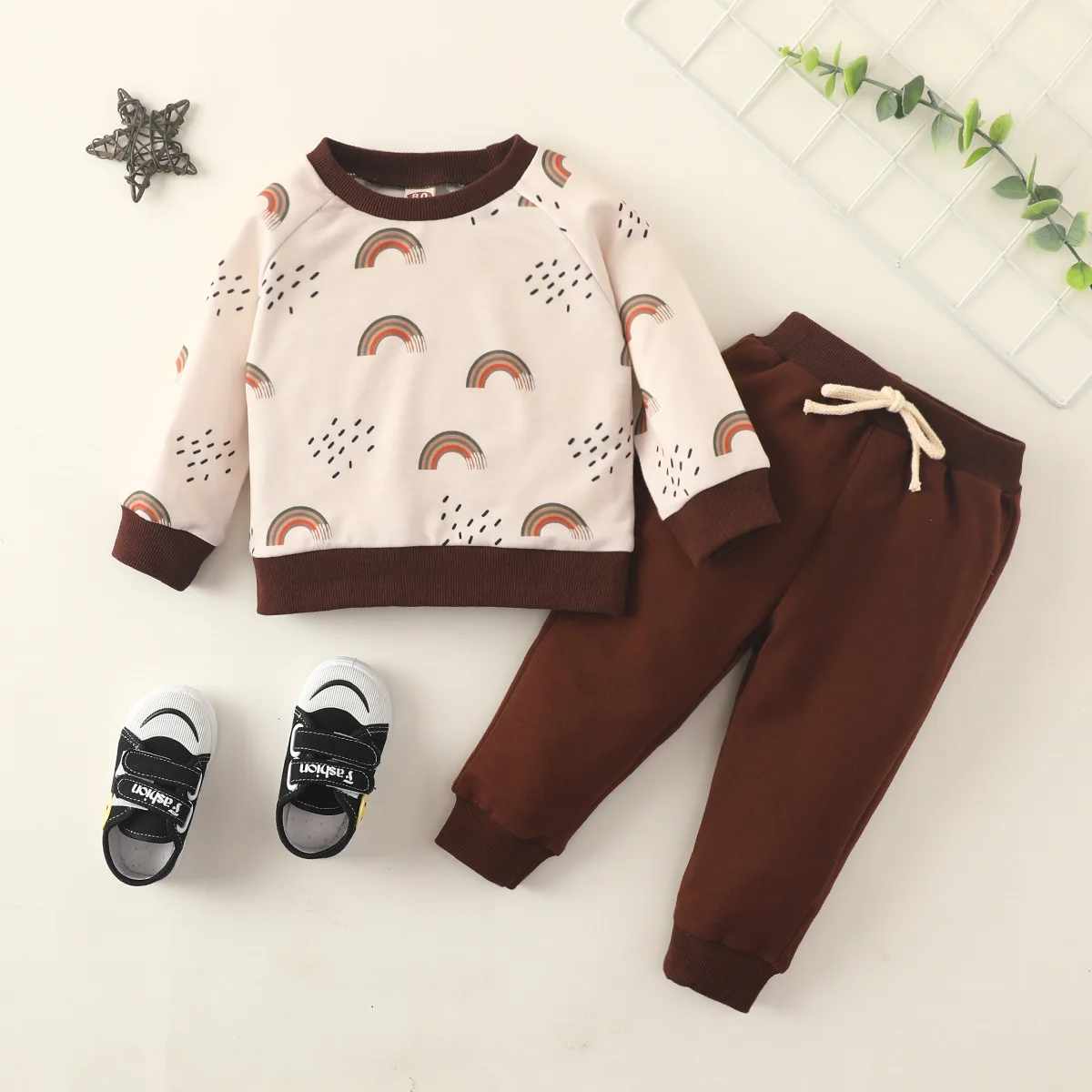 

2pcs Infant Baby Girl Clothes Set Rainbow Long Sleeve Hoodie Tops Pants Fall Winter Outfits suit, As image shown